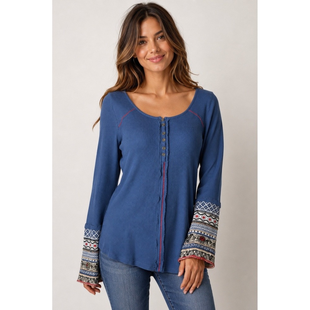 Sundance Henley Top Women Small Blue Boho Embroidered Waffle Knit Gorpcore